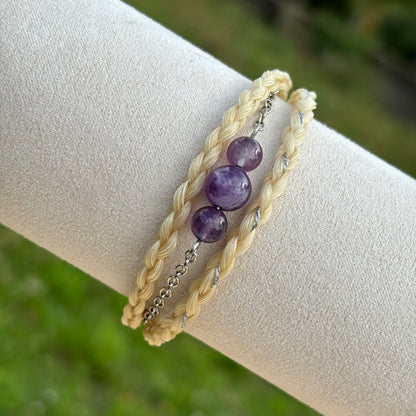 Bracelet en crin de cheval et pierre naturelle améthyste en acier inoxydable 