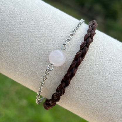 Bracelet en crin de cheval et pierre naturelle quartz rose en acier inoxydable 