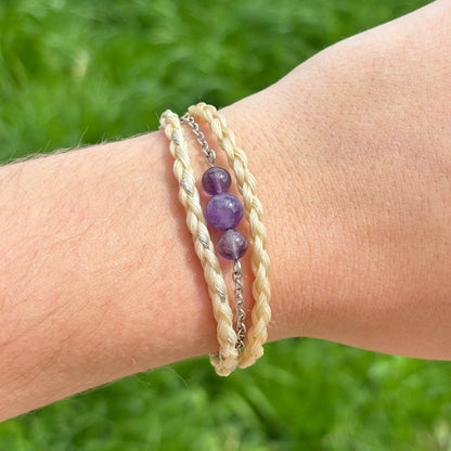 Bracelet en crin de cheval et pierre naturelle améthyste en acier inoxydable 